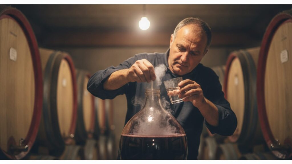Vinar dodaje rastvoreni pirosulfit u vino u podrumu
