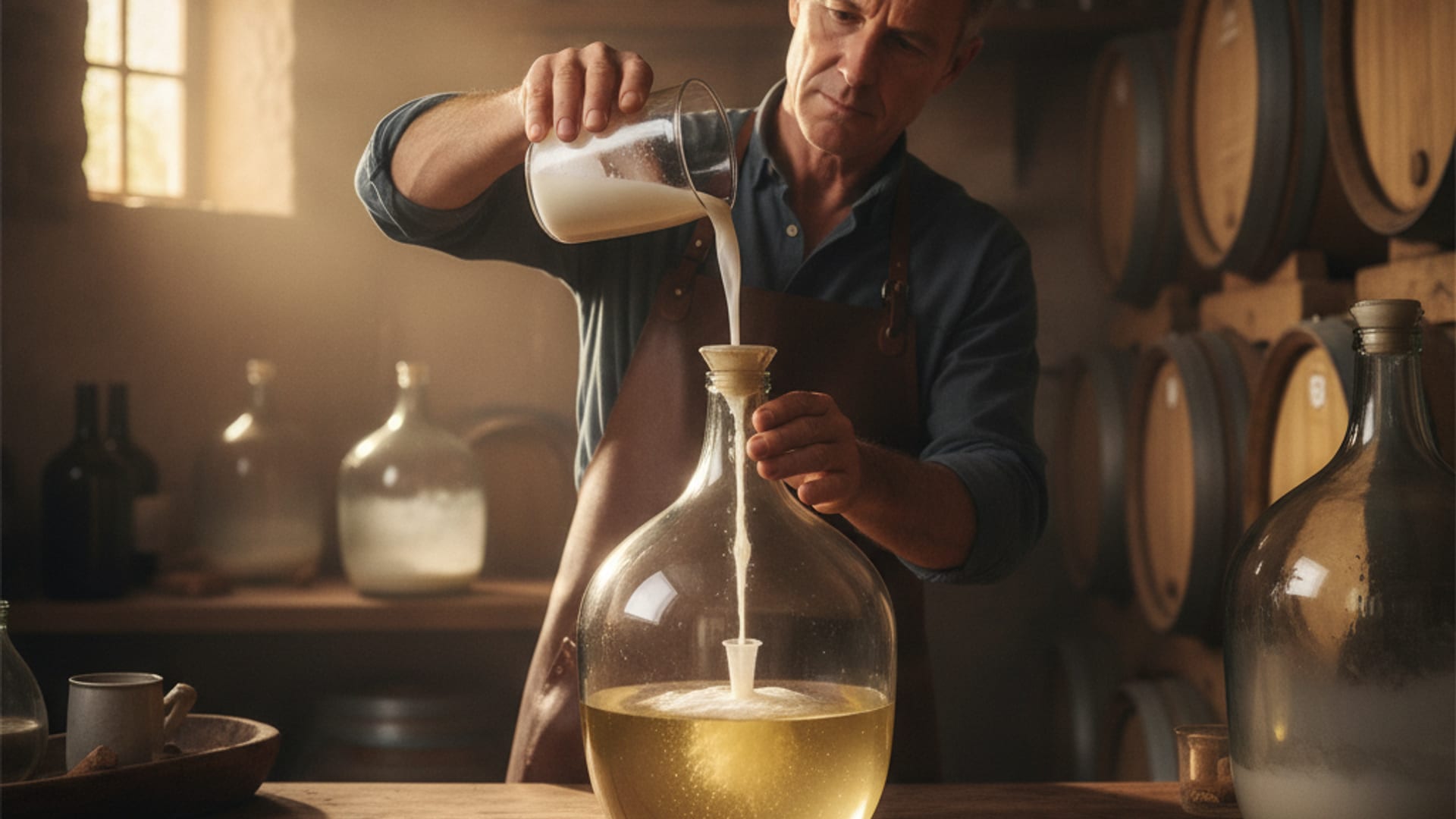 Vinar sipa bentonit u demižon sa vinom radi bistrenja