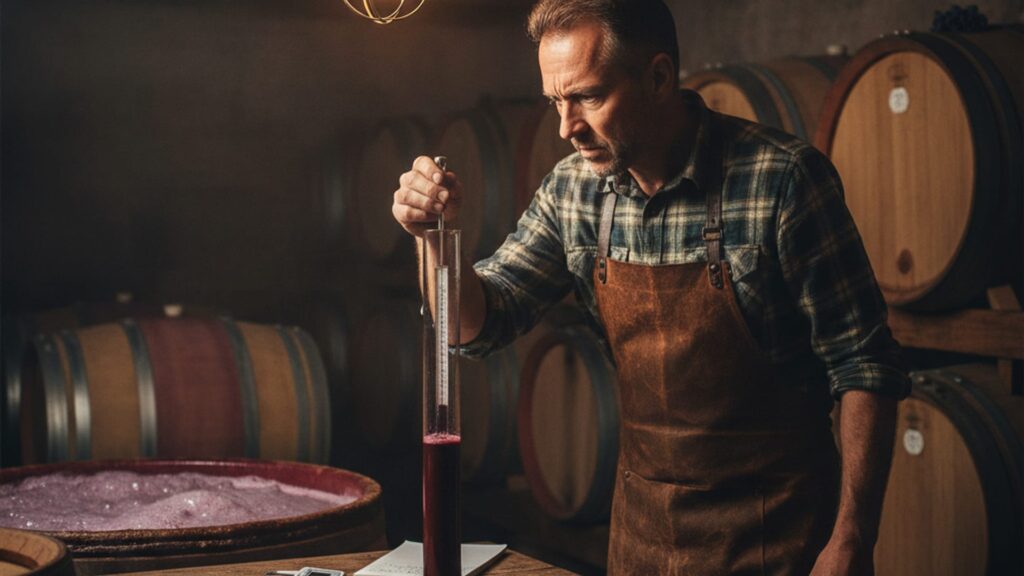 Vinar proverava hidrometrom da li je fermentacija vina stala u domaćem podrumu