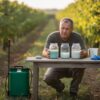 Inženjer zaštite bilja u vinogradu proverava kompatibilnost preparata u staklenim teglama pre prskanja