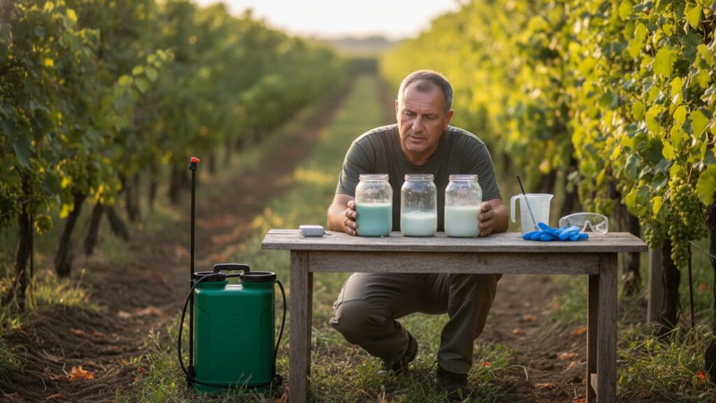 Inženjer zaštite bilja u vinogradu proverava kompatibilnost preparata u staklenim teglama pre prskanja