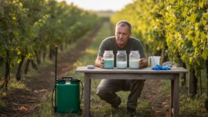 Inženjer zaštite bilja u vinogradu proverava kompatibilnost preparata u staklenim teglama pre prskanja